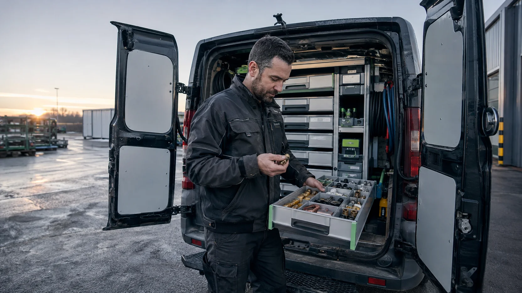 Ein Techniker prüft die Ersatzteilschublade in einem Servicefahrzeug.