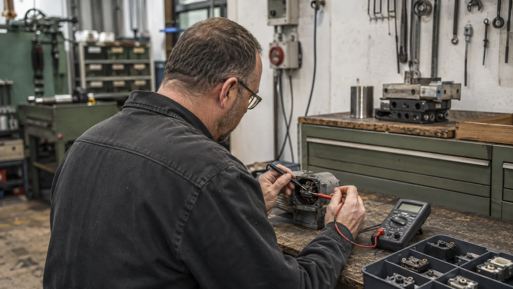 Ein Servicetechniker prüft ein Bauteil mit einem Multimeter.